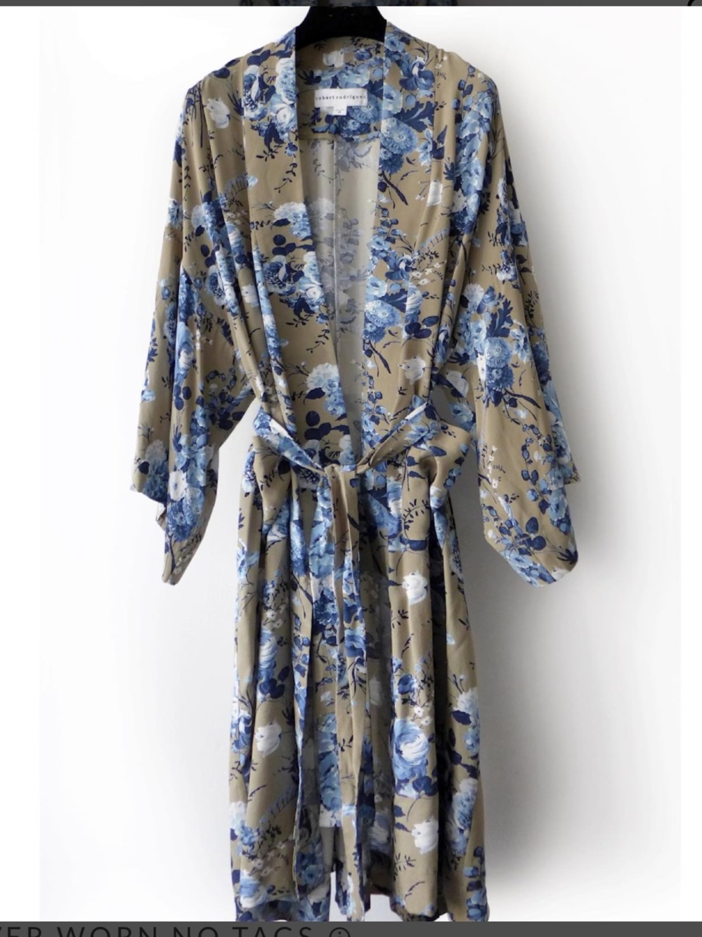 Robert Rodriguez Taupe Floral Silk Kimono Robe with Blue Print